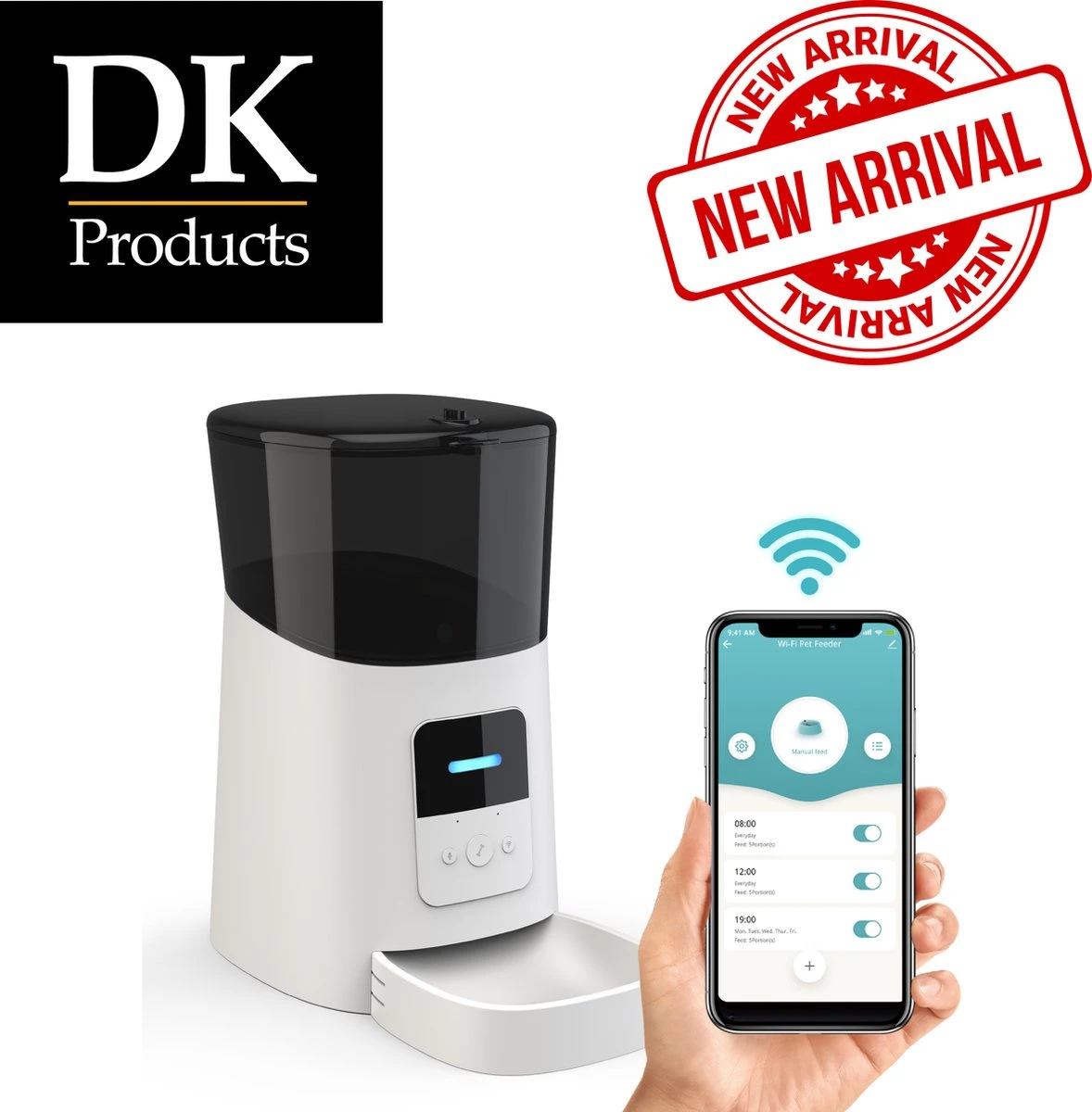 DKProducts Premium Automatische Voerbak Wit – Voerautomaat Met App – Smartphone Besturing – Voerinhoud 6 Liter – Voor Katten- En Hondenvoer – Droogvoer – Voedingsschema – WiFi