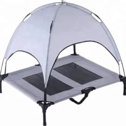 Dogs&Co Honden Ligbed Met Zonnedak Grijs 76x61x18cm Hoogte Incl Dak 100cm – Hondenbed Stretcher Met UV Canopy – Hondenstretcher Met Zonnetent