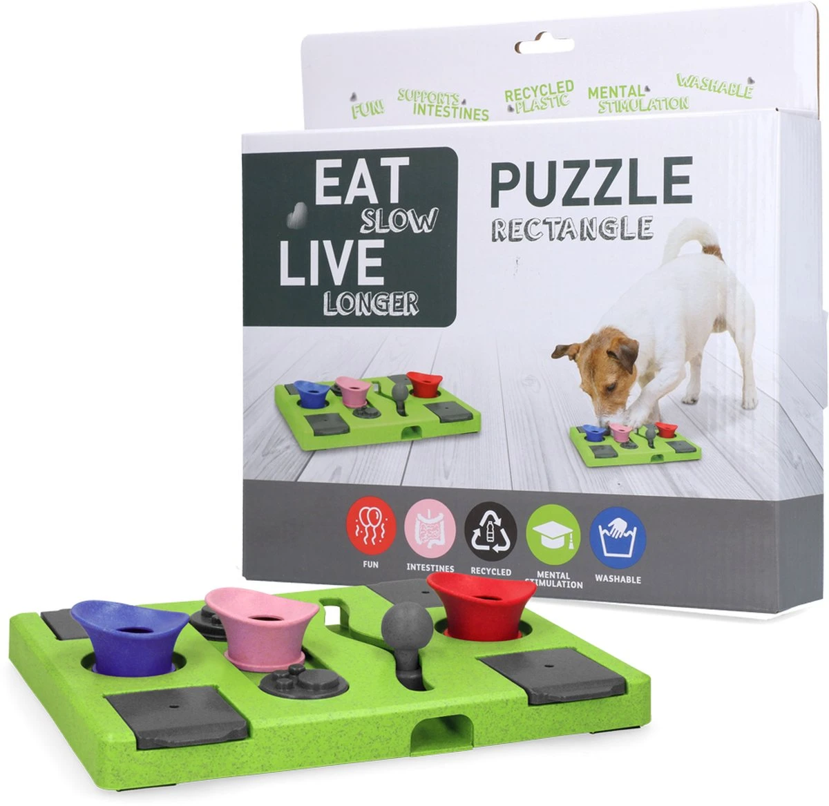 Eat Slow Live Longer Puzzel Rectangle – Intelligentie Speelgoed Voor Honden – Interactief Hondenspeelgoed – Uitdagende Hondenpuzzel – Gerecyclede Materialen – Te Vullen Met Snacks – 25x26x5 Cm – Groen 1 Eat Slow Live Longer Puzzel Rectangle – Intelligentie Speelgoed Voor Honden – Interactief Hondenspeelgoed – Uitdagende Hondenpuzzel – Gerecyclede Materialen – Te Vullen Met Snacks – 25x26x5 Cm – Groen
