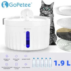 Gopetee – Drinkfontein – Katten En Honden – 1.9 Liter – Incl 2 Actieve Koolstoffilters – Dieren Drinkbakken – Met Waterniveau Venster EN LED Verlichting – 2 Waterstroom Standen – Super Stil