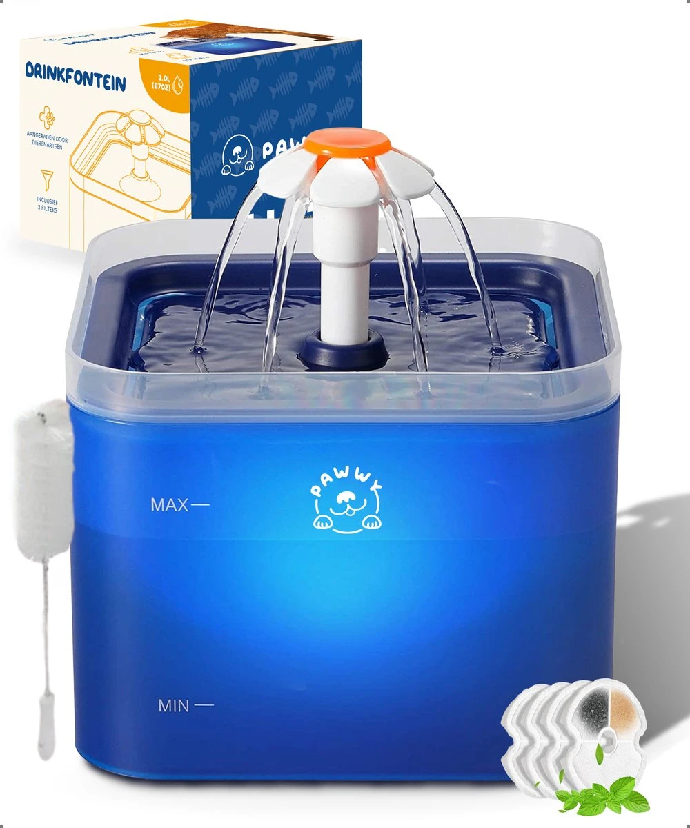Pawwy® Drinkfontein Kat & Hond – Kattenfontein – Waterfontein Incl. 2 Filters En Schoonmaak Kit – 2 Liter – Blauw 1 Pawwy® Drinkfontein Kat & Hond – Kattenfontein – Waterfontein Incl. 2 Filters En Schoonmaak Kit – 2 Liter – Blauw