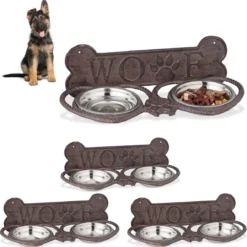 Relaxdays 4x Voerbak Hond – Met Standard – Rvs – Dubbele Hondenbak Muur – Gietijzer