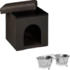Relaxdays Home Sweet Hond 2-delige Set – Poef Bruin – M- Voerbakken – Hocker – Hondenmand