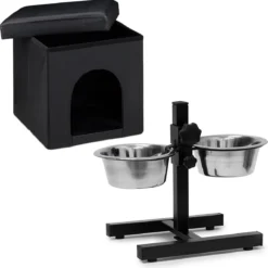 Relaxdays Kattenmand Poef Opvouwbaar – Voerbakken Op Houder – Kleine Hondenmand -kunstleer