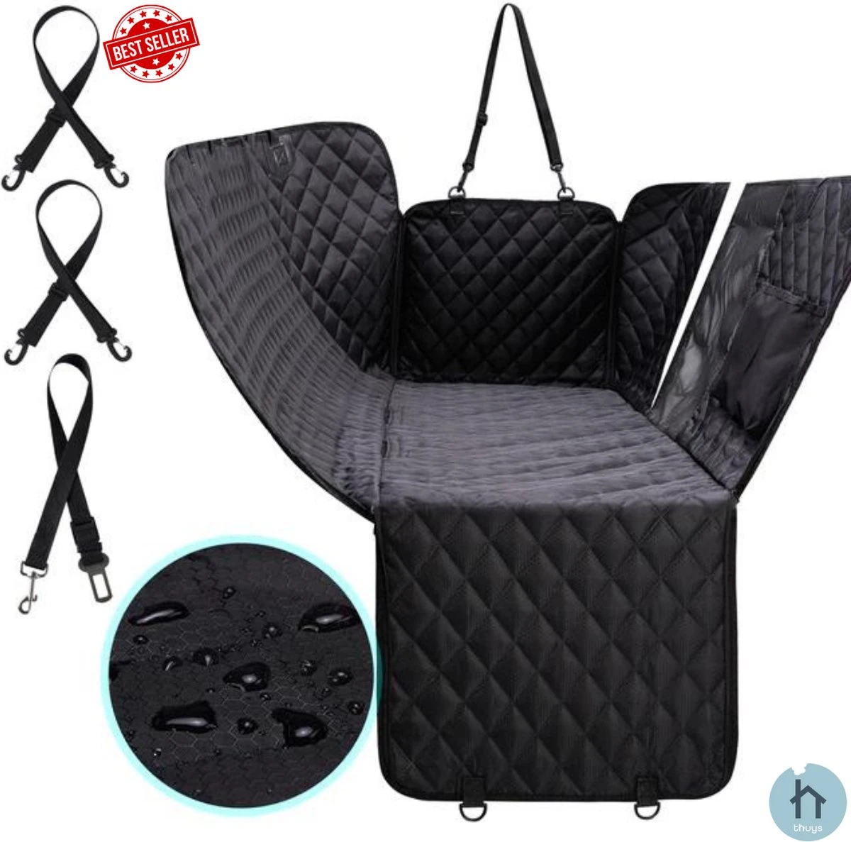 Thuys Hondendeken Auto Achterbank – Stoelbeschermer – Incl. Autogordel – Waterdichte Hondendeken – Hondenaccessoires – Hangmat – Zwart – 152x143cm 1 Thuys Hondendeken Auto Achterbank – Stoelbeschermer – Incl. Autogordel – Waterdichte Hondendeken – Hondenaccessoires – Hangmat – Zwart – 152x143cm