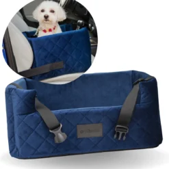 Velvet Blue – Autostoel Voor Hond – 57x50cm – Wasbaar – Hondenmand Auto – Handgemaakt