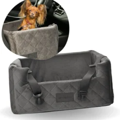 Velvet Silver – Autostoel Voor Hond – 57x50cm – Orthopedisch Kussen – Hondenmand Auto – Wasbaar – Handgemaakt