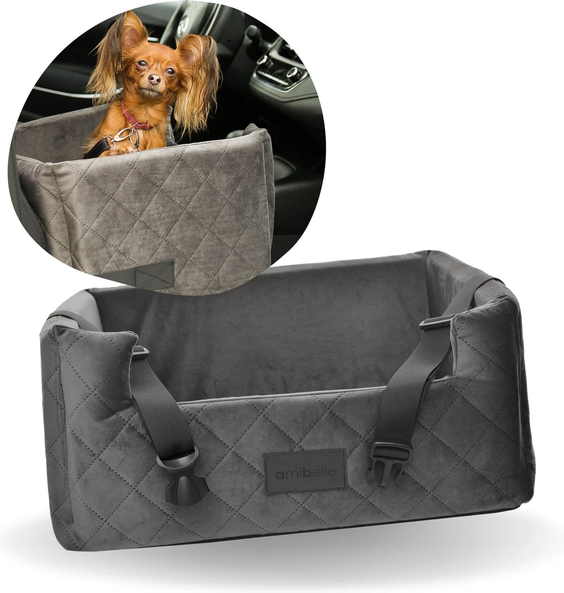 Velvet Silver – Autostoel Voor Hond – 57x50cm – Orthopedisch Kussen – Hondenmand Auto – Wasbaar – Handgemaakt 1 Velvet Silver – Autostoel Voor Hond – 57x50cm – Orthopedisch Kussen – Hondenmand Auto – Wasbaar – Handgemaakt