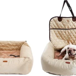 Zeer Luxe Hondenmand Voor In De Auto Beige – Comfortabel Vervoer Voor Je Viervoeter – Honden Zitje Auto – Autostoel Voor Hond – Honden Mand – Dieren Mand – Veilig Onderweg – Hondenzitje – Auto Bench – Beige – 40×30 Cm